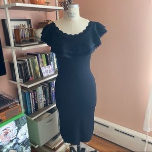 Off-the-shoulder ruffle body-con knit dress midi